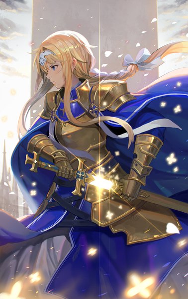 Anime picture 1000x1588 with sword art online sword art online: alicization a-1 pictures alice zuberg sl86 single long hair tall image blue eyes blonde hair payot looking away braid (braids) profile single braid serious unsheathing glowing weapon girl ribbon (ribbons)