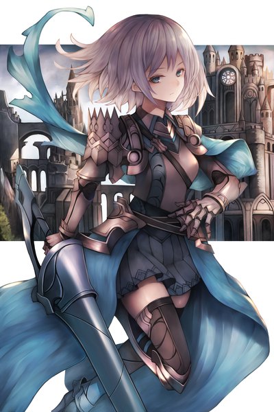 Anime picture 1200x1800 with original snm (sunimi) single tall image looking at viewer fringe short hair breasts blue eyes holding payot sky cloud (clouds) pleated skirt wind grey hair expressionless running girl thighhighs