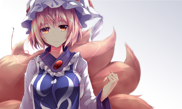 Anime picture 2002x1200 with touhou yakumo ran midori (misuriru8) single looking at viewer highres short hair blonde hair simple background wide image white background brown eyes tail traditional clothes animal tail fox tail multiple tails girl hat frills