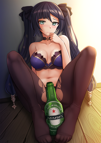Anime picture 1200x1697 with genshin impact mona megistus kazenokaze single long hair tall image looking at viewer blush fringe breasts light erotic black hair hair between eyes sitting twintails green eyes full body dutch angle no shoes convenient censoring
