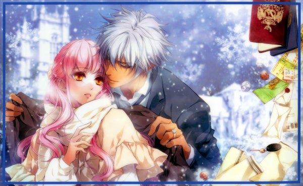 Anime picture 1280x786 with wand of fortune idea factory lulu (wand of fortune) bilal faranbald usuba kagerou long hair short hair open mouth wide image yellow eyes pink hair orange eyes couple snowing winter exhalation girl boy scarf ring