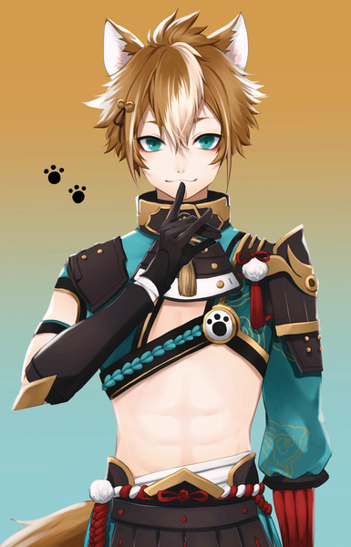 Anime picture 1641x2555 with genshin impact gorou (genshin impact) kinaco 4738 single tall image looking at viewer fringe short hair simple background hair between eyes brown hair standing animal ears upper body aqua eyes fox ears gradient background finger to mouth fox shadow puppet boy