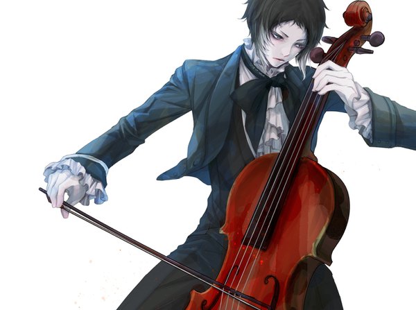 Anime picture 1339x998 with bungou stray dogs studio bones akutagawa ryuunosuke (bungou stray dogs) fortynine49ho single short hair black hair simple background white background sitting holding signed looking away white hair multicolored hair black eyes two-tone hair dated playing instrument boy
