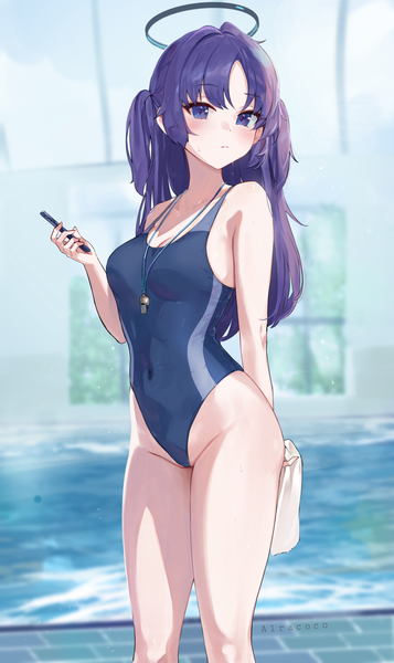 Anime picture 1070x1800 with blue archive yuuka (blue archive) alraco single long hair tall image looking at viewer blush fringe breasts blue eyes light erotic standing holding purple hair blurry two side up groin covered navel arm behind back