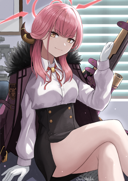 Anime picture 1500x2126 with blue archive aru (blue archive) junshiki single long hair tall image looking at viewer fringe smile sitting holding brown eyes signed pink hair indoors blunt bangs horn (horns) arm support bare legs fur trim