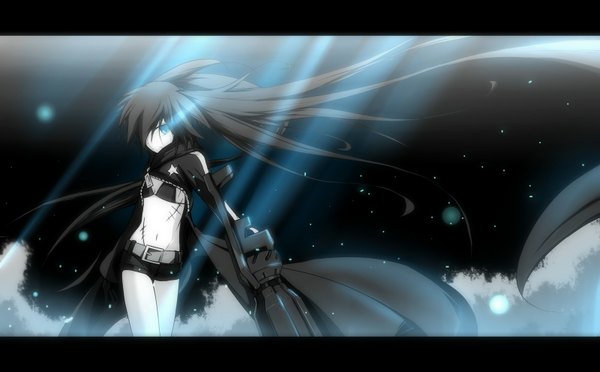 Anime picture 1600x992 with black rock shooter black rock shooter (character) tan (carbon) single looking at viewer blue eyes black hair wide image twintails very long hair light smoke girl weapon jacket shorts belt short shorts bikini top