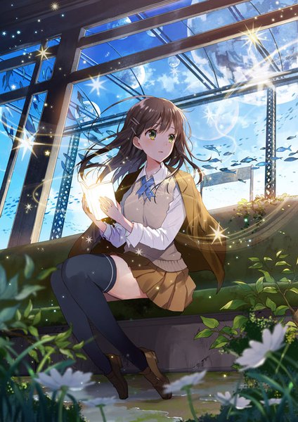 Anime picture 566x800 with original yuzuki kihiro single long hair tall image blush black hair sitting green eyes looking away cloud (clouds) full body floating hair clothes on shoulders girl thighhighs skirt uniform flower (flowers) black thighhighs