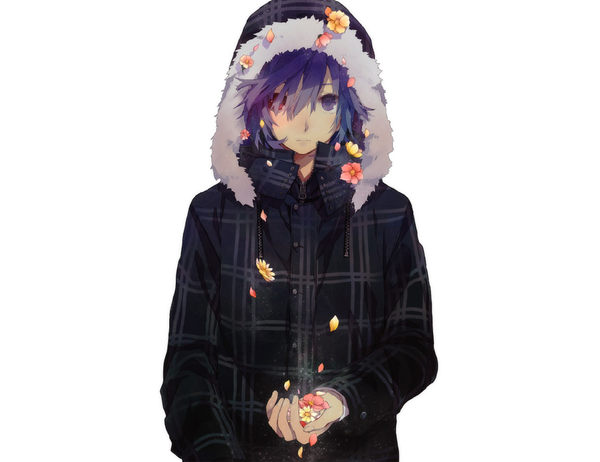 Аниме картинка 1000x770 с усопшие yuuki natsuno minmin nemui один (одна) смотрит на зрителя короткие волосы простой фон белый фон фиолетовые волосы гетерохромия мужчина цветок (цветы) лепестки куртка капюшон