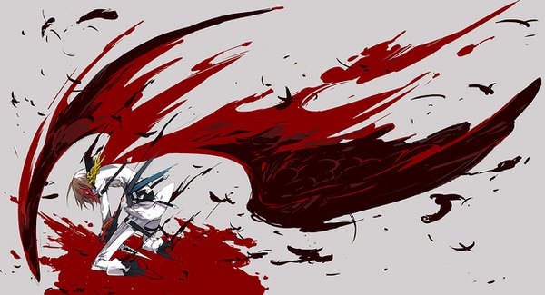 Anime picture 1290x700 with persona 5 persona akechi gorou yukot single looking at viewer short hair simple background blonde hair wide image holding full body grey background kneeling blood stains boy weapon wings blood feather (feathers)