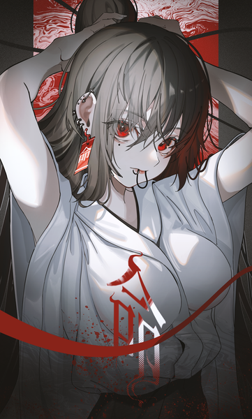 Anime-Bild 2405x4000 mit original noubin single long hair tall image looking at viewer fringe highres breasts black hair hair between eyes red eyes upper body traditional clothes japanese clothes mole wide sleeves arms up mole under eye piercing