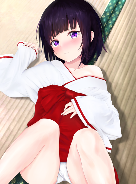 Anime picture 887x1200 with original mito ichijyo single tall image looking at viewer blush fringe short hair light erotic black hair purple eyes lying traditional clothes japanese clothes off shoulder wide sleeves on back pantyshot embarrassed sleeves past wrists