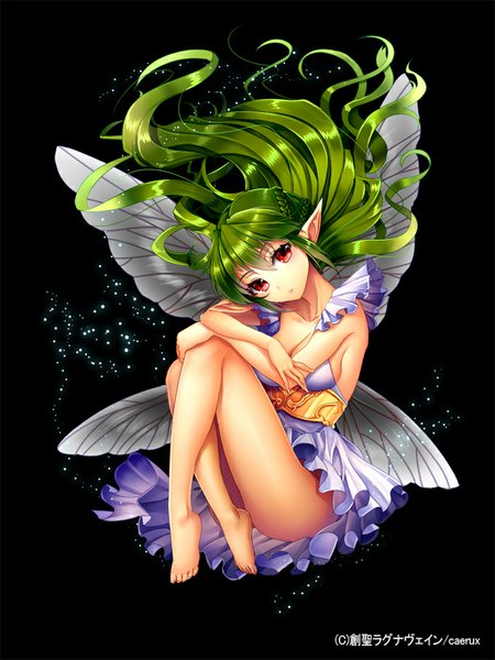 Anime picture 700x933 with sousei ragnavein (game) ells (ellsat) single long hair tall image fringe light erotic simple background hair between eyes red eyes green hair pointy ears black background fantasy fairy girl dress wings sundress