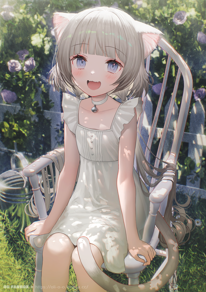 Anime picture 1457x2064 with original oli single long hair tall image looking at viewer blush fringe open mouth blue eyes smile sitting signed animal ears outdoors tail blunt bangs :d animal tail grey hair