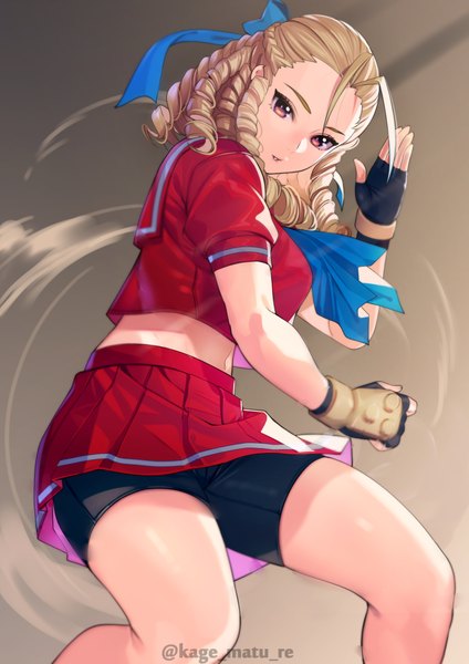 Anime picture 1736x2456 with street fighter capcom kanzuki karin kagematsuri single long hair tall image looking at viewer fringe highres simple background blonde hair red eyes standing signed ahoge braid (braids) parted lips pleated skirt short sleeves