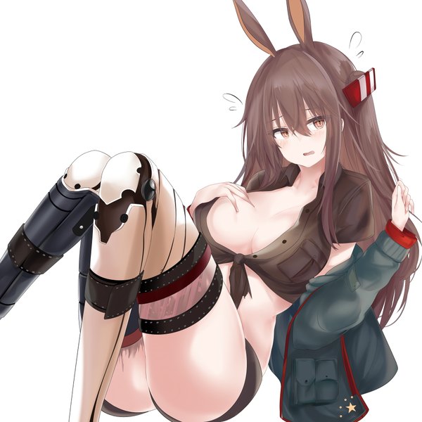 Anime picture 4000x4000 with girls frontline type 88 (girls frontline) ru zhai single long hair looking at viewer blush fringe highres breasts open mouth light erotic simple background hair between eyes brown hair large breasts white background sitting brown eyes animal ears