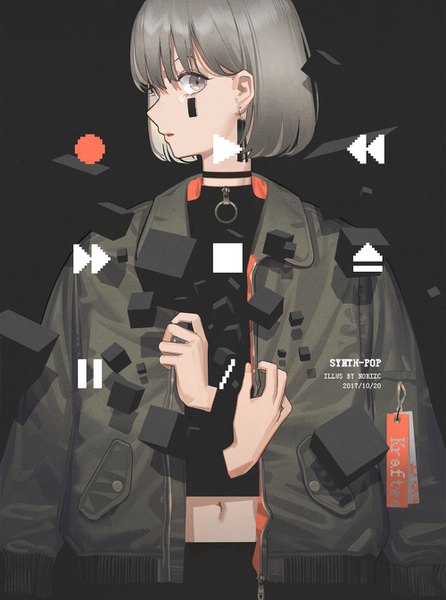 Anime picture 1000x1346 with original zicai tang single tall image looking at viewer fringe short hair signed upper body profile grey hair midriff grey eyes dated black background clothes on shoulders fashion girl navel earrings