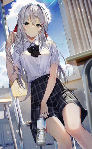 Anime picture 1547x2500 with original scottie (phantom2) single long hair tall image looking at viewer blush fringe breasts hair between eyes sitting holding sky silver hair cloud (clouds) indoors braid (braids) head tilt pleated skirt arm up