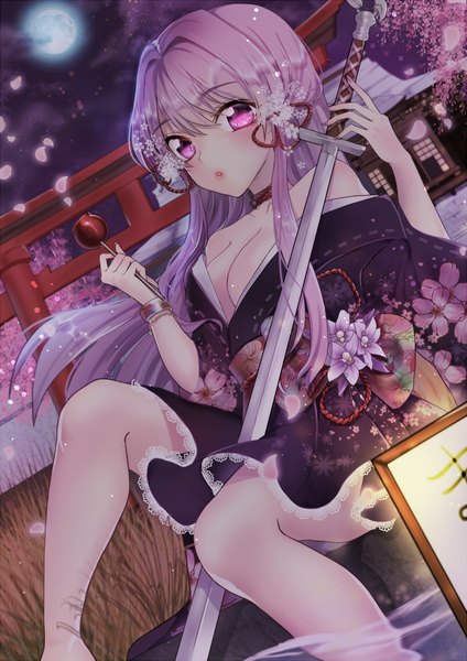 Anime picture 800x1131 with sword girls aigyoju single long hair tall image looking at viewer blush light erotic twintails purple eyes bare shoulders holding purple hair cloud (clouds) bent knee (knees) traditional clothes japanese clothes barefoot hair flower night