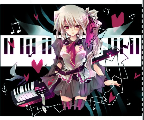 Anime picture 1200x1000 with ichiyou moka blush open mouth white hair side ponytail girl skirt bow wings necktie belt heart musical instrument piano