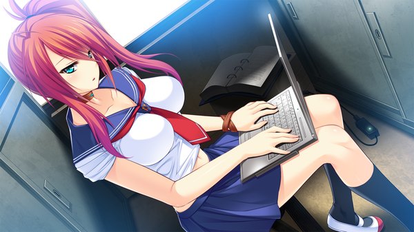 Anime picture 1280x720 with tsuyokiss next inase kowane amagai yukino single long hair looking at viewer fringe breasts open mouth wide image large breasts sitting game cg red hair aqua eyes from above hair over one eye side ponytail girl navel