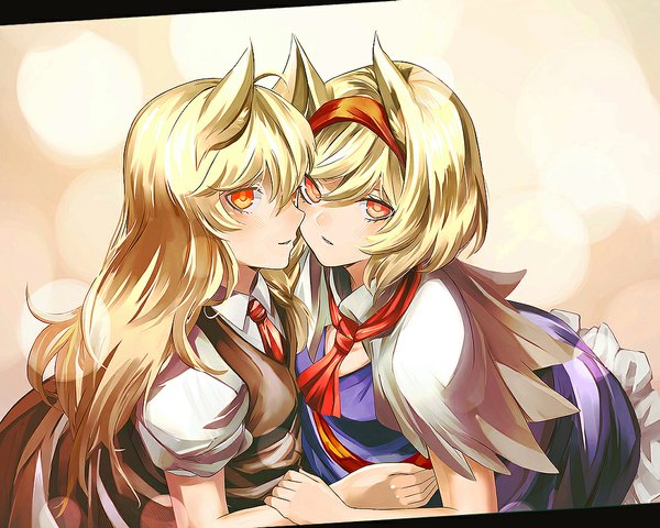 Anime picture 1100x880 with touhou kirisame marisa alice margatroid eredhen long hair looking at viewer blush fringe short hair blonde hair red eyes multiple girls animal ears ahoge from above shoujo ai face to face girl 2 girls necktie