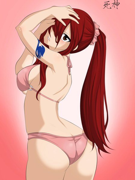 Anime picture 1536x2048 with fairy tail erza scarlet sophie4391 single long hair tall image fringe breasts light erotic large breasts brown eyes ponytail red hair looking back hair over one eye tattoo coloring pink background girl swimsuit