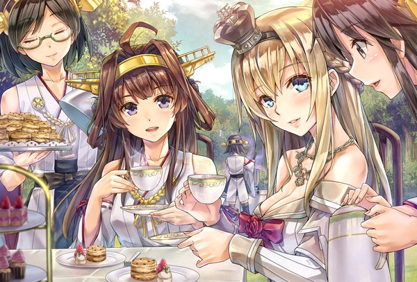 Anime picture 2362x1605 with kantai collection kongou battleship haruna battleship kirishima battleship hiei battleship warspite (kantai collection) kotatsu (kotatsu358) long hair looking at viewer blush fringe highres short hair breasts blue eyes black hair blonde hair smile hair between eyes brown hair