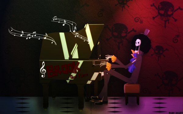 Anime picture 1920x1200 with one piece toei animation brook (one piece) fujishima kousuke highres black hair wide image skeleton singing music afro hat suit skull neckerchief musical note top hat piano