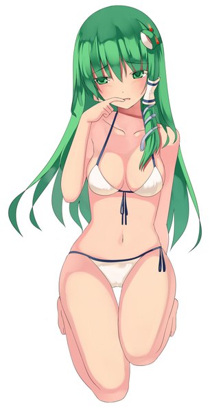 Anime picture 515x1000 with touhou kochiya sanae kureha (ironika) single long hair tall image blush fringe breasts light erotic simple background hair between eyes white background green eyes looking away bent knee (knees) green hair arm support finger to mouth squat