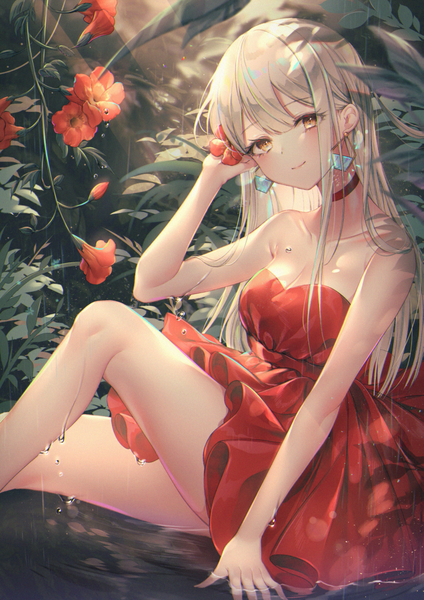 Anime picture 800x1132 with original ozzingo single long hair tall image looking at viewer blush fringe breasts blonde hair smile hair between eyes sitting bare shoulders yellow eyes payot cleavage outdoors head tilt arm up