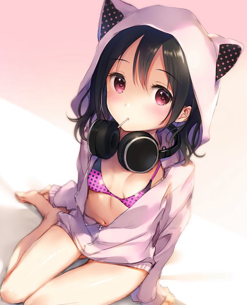 Anime picture 2456x3040 with love live! school idol project sunrise (studio) love live! yazawa nico mignon single long hair tall image looking at viewer blush fringe highres breasts light erotic black hair simple background hair between eyes red eyes sitting barefoot