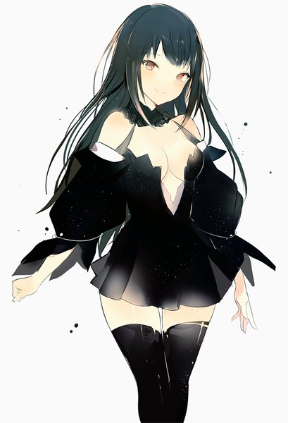 Anime picture 600x879 with original lpip single long hair tall image blush fringe breasts light erotic black hair simple background smile large breasts standing white background brown eyes cleavage long sleeves head tilt wide sleeves