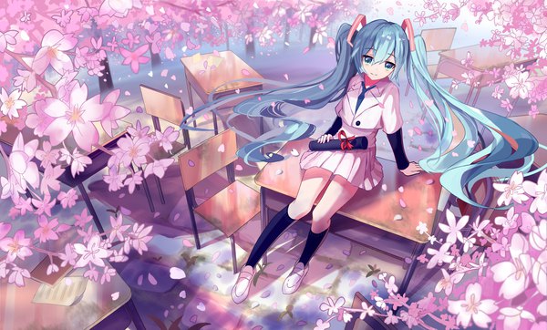 Anime picture 2345x1417 with vocaloid sakura no ame (vocaloid) hatsune miku siji (szh5522) single looking at viewer fringe highres smile hair between eyes wide image sitting twintails full body very long hair pleated skirt aqua eyes aqua hair depth of field alternate costume
