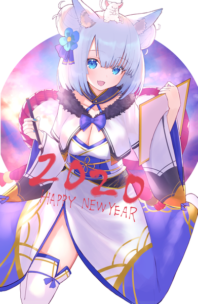 Anime picture 2656x4073 with original hayataku1234 single tall image looking at viewer highres short hair breasts open mouth blue eyes animal ears cleavage silver hair nail polish traditional clothes japanese clothes hair bun (hair buns) new year happy new year 2020