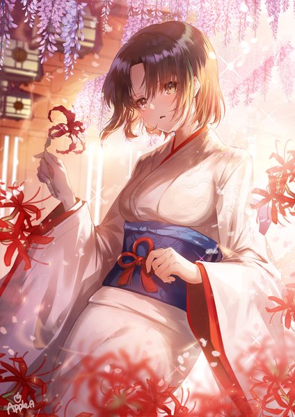 Anime picture 1500x2122 with fate (series) fate/grand order kara no kyoukai type-moon ryougi shiki apple caramel single tall image looking at viewer blush fringe short hair breasts hair between eyes brown hair standing brown eyes signed long sleeves traditional clothes