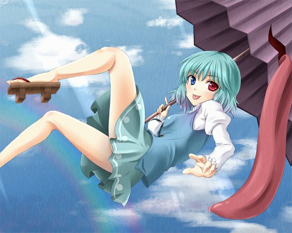 Anime picture 1024x819 with touhou tatara kogasa mochi.f single looking at viewer fringe short hair blue eyes red eyes holding sky cloud (clouds) bent knee (knees) outdoors long sleeves sunlight aqua hair heterochromia :p outstretched hand