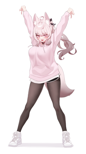 Anime picture 2370x4238 with original narynn single long hair tall image looking at viewer blush highres breasts open mouth simple background smile standing white background animal ears full body ahoge tail long sleeves :d