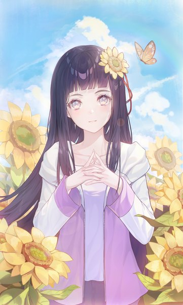 Anime picture 1804x3000 with naruto studio pierrot naruto (series) hyuuga hinata nhan single long hair tall image looking at viewer fringe highres standing sky purple hair cloud (clouds) outdoors blunt bangs hair flower open jacket summer