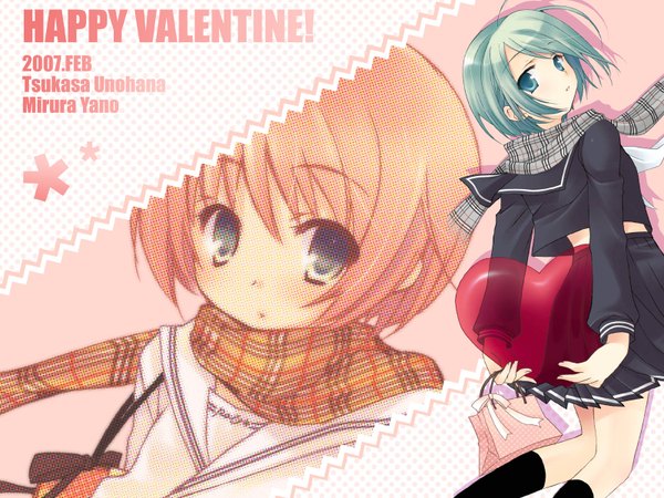 Anime picture 1600x1200 with original yano mirura unohana tsukasa looking at viewer blonde hair multiple girls signed pleated skirt aqua eyes green hair scan plaid skirt hands behind back valentine collaboration scan artifacts screening girl skirt uniform