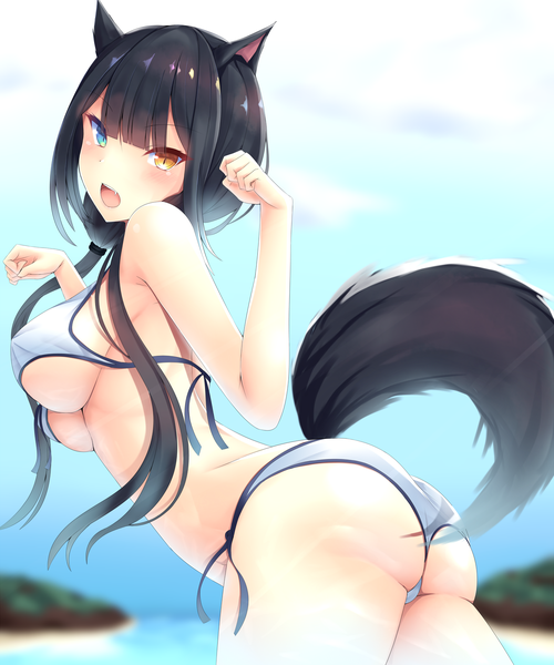 Anime picture 3037x3644 with original kiseno single long hair tall image looking at viewer blush fringe highres breasts open mouth blue eyes light erotic black hair hair between eyes large breasts twintails brown eyes animal ears absurdres