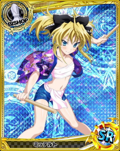 Anime picture 640x800 with highschool dxd mittelt single tall image blush short hair blue eyes light erotic blonde hair smile looking away traditional clothes japanese clothes flat chest card (medium) girl navel bow hair bow