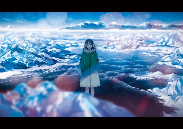 Anime picture 1181x832 with original amemura single looking at viewer short hair standing snowing letterboxed winter snow scenic hands in pockets dark hair girl coat ice earmuffs