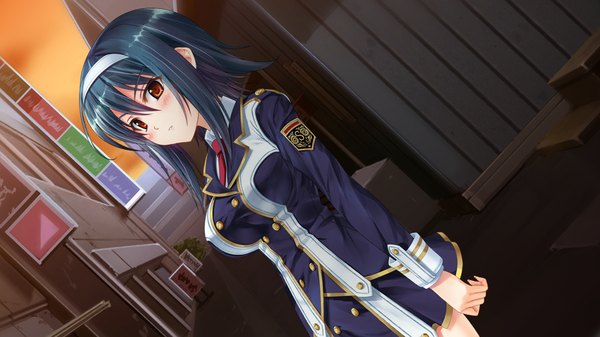 Anime picture 1024x576 with futagoza no paradox blush short hair red eyes wide image blue hair looking away game cg girl uniform school uniform hairband