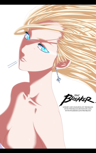 Anime picture 900x1431 with the breaker lee shiho tremblax single long hair tall image blue eyes light erotic simple background blonde hair white background bare shoulders holding inscription mouth hold coloring letterboxed girl earrings