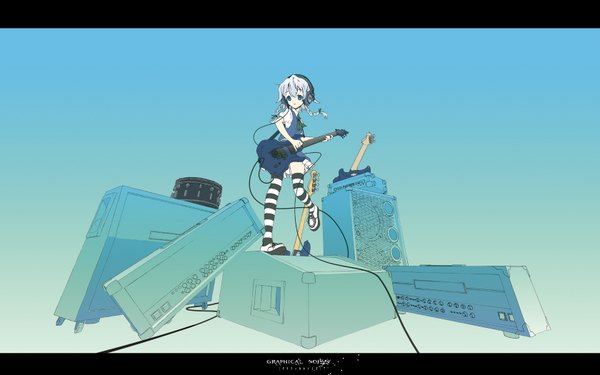 Anime picture 1680x1050 with touhou izayoi sakuya single looking at viewer blue eyes wide image silver hair girl thighhighs headphones striped thighhighs guitar speakers