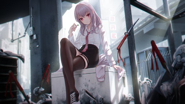 Anime-Bild 5120x2880 mit original bae.c single long hair looking at viewer fringe highres red eyes wide image sitting holding pink hair absurdres full body outdoors long sleeves nail polish head tilt fingernails arm support