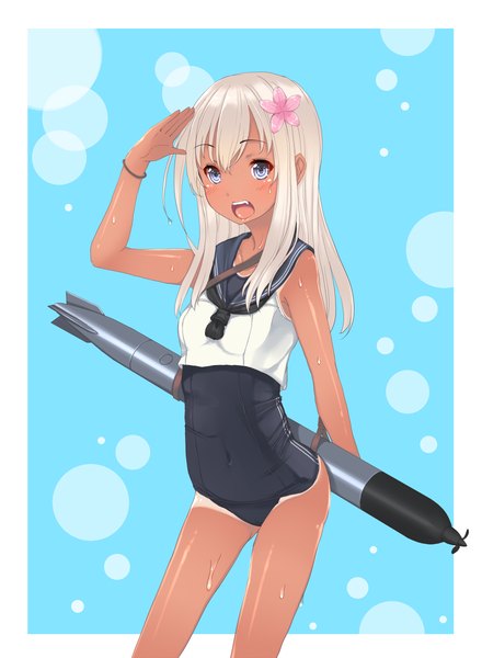 Anime-Bild 880x1200 mit kantai collection ro-500 submarine kiyomin single long hair tall image blush fringe open mouth blue eyes light erotic simple background smile hair flower grey hair wet dark skin blue background lolicon framed