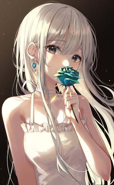Anime picture 1553x2516 with original ekina (1217) single long hair tall image looking at viewer blush fringe simple background hair between eyes bare shoulders holding silver hair upper body grey eyes sleeveless covered mouth glow brown background girl