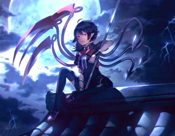 Anime picture 1600x1250 with touhou houjuu nue sunakumo single long hair looking at viewer open mouth black hair red eyes sitting cloud (clouds) full body ahoge bent knee (knees) outdoors pointy ears night shadow night sky lightning