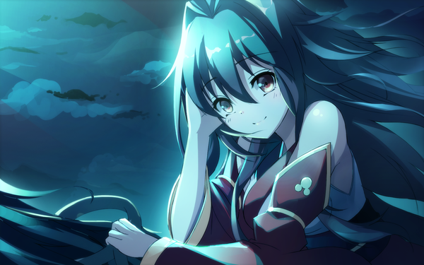 Anime picture 1680x1050 with original riburanomind single long hair looking at viewer fringe smile bare shoulders holding brown eyes blue hair sky cloud (clouds) night night sky adjusting hair girl detached sleeves